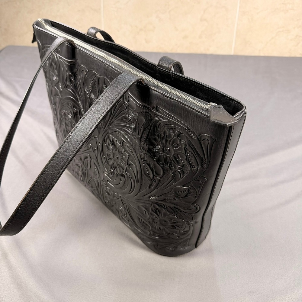 Mauzari Floral Tooled Tote Cowhide Leather Black Medium 14x10 Zip Top Bag - Picture 13 of 16